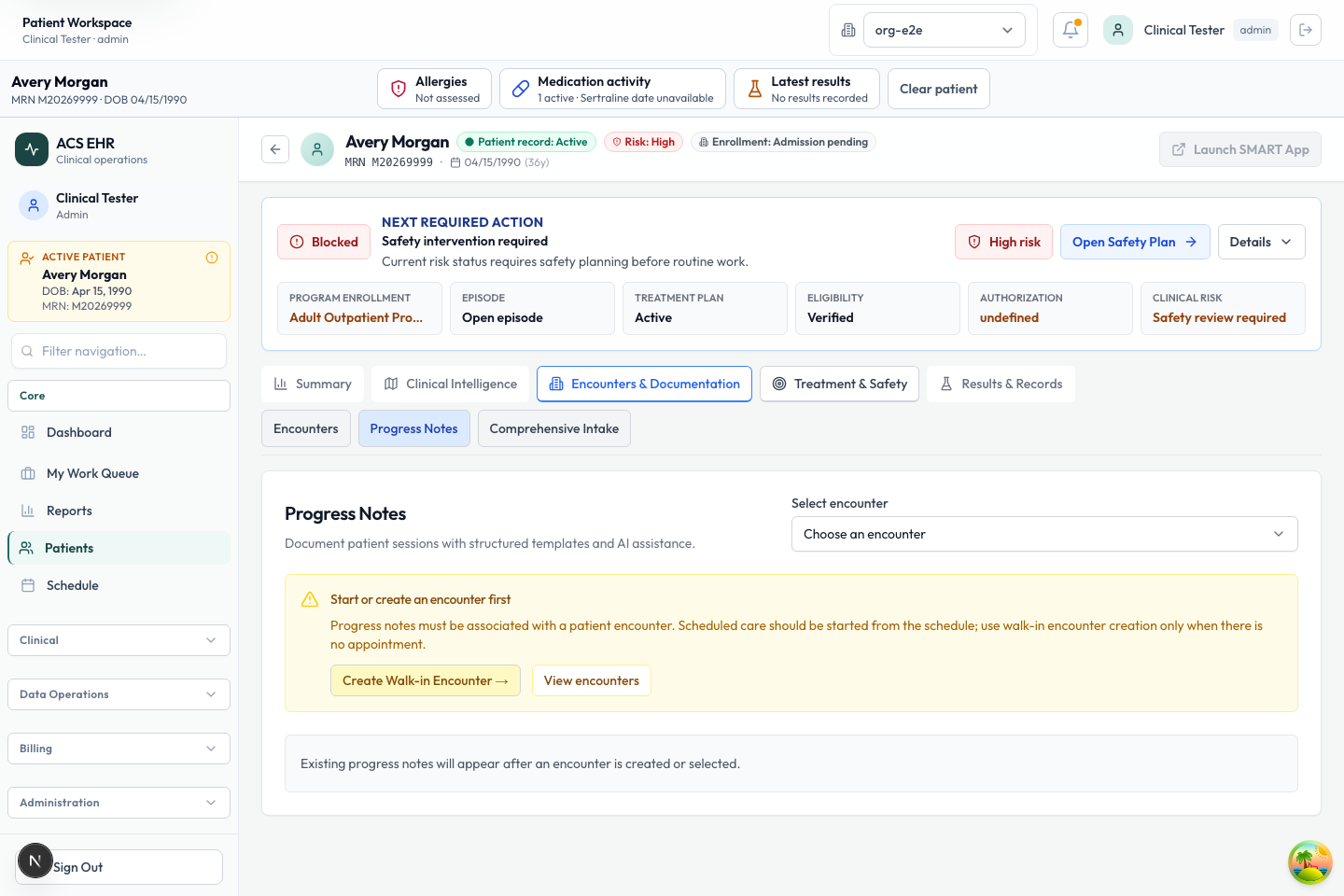 Synthetic ACS EHR progress notes workspace with encounter selection and documentation guidance.