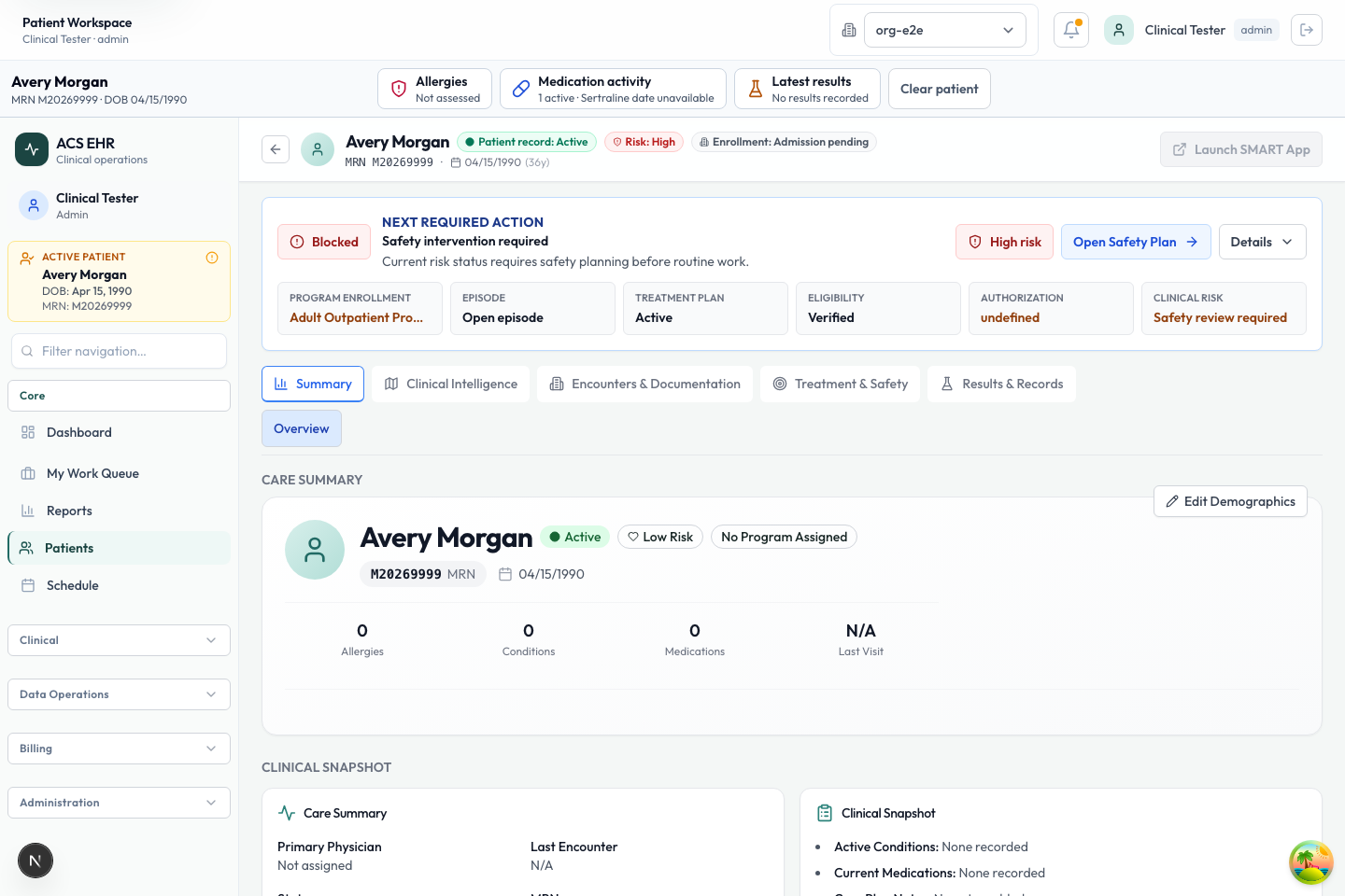 Synthetic ACS EHR patient workspace showing elevated risk, medication activity, enrollment status, and the next required action.